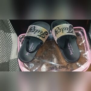 Juicy Couture Black Slide Sandals with Iridescent Crystal Strap Youth 7c